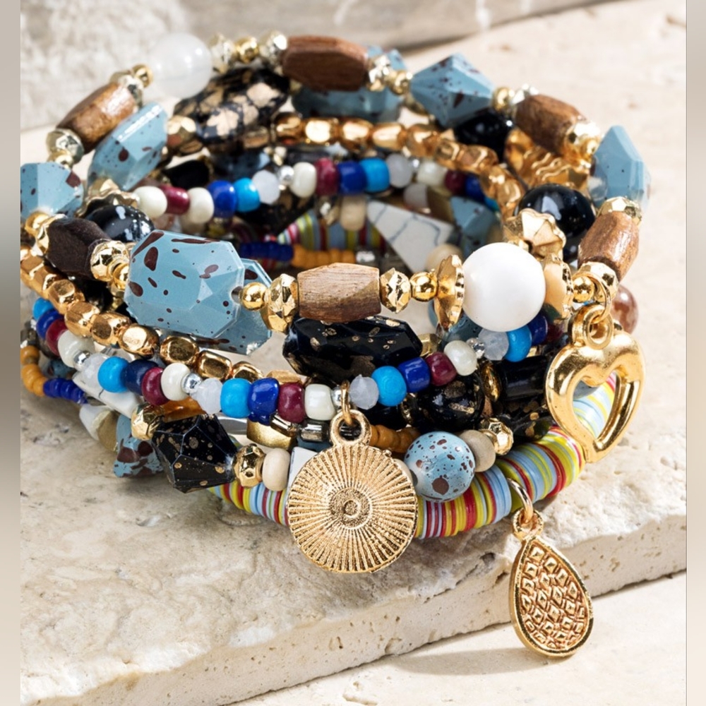 Multi Color & Stone Color Beaded Stretch Bracelet Set w Gold Tone Heart Pendant